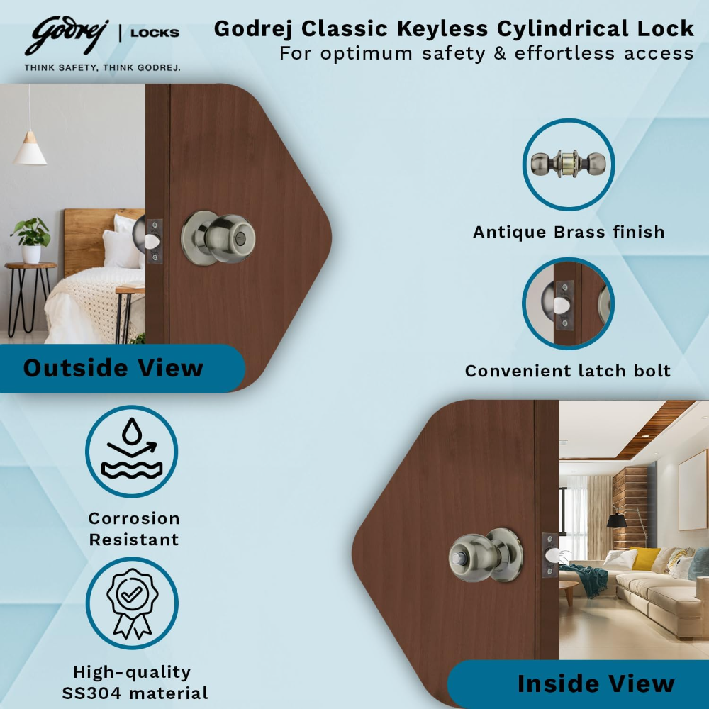 Godrej Cylindrical Lock |Keyless|Classic Rang |For bathroom, bedroom Suitable for Residential Doors & Commercial| Backset70 mm | Door Thickness 32mm to 45mm | Antique Brass Finish | 5 Years Warranty